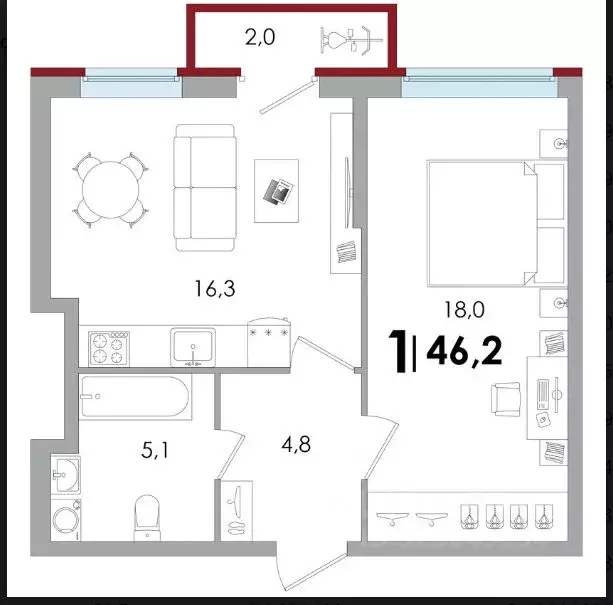 1-к кв. Тверская область, Тверь ул. С.Я. Лемешева, 6 (46.2 м) - Фото 2