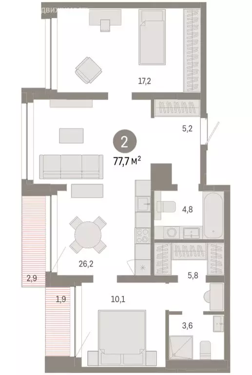 2-комнатная квартира: Тюмень, улица Муравленко, 9/2 (77.71 м) - Фото 1