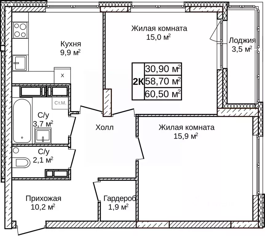 2-к кв. Нижегородская область, Нижний Новгород д. Ольгино,  (60.5 м) - Фото 1