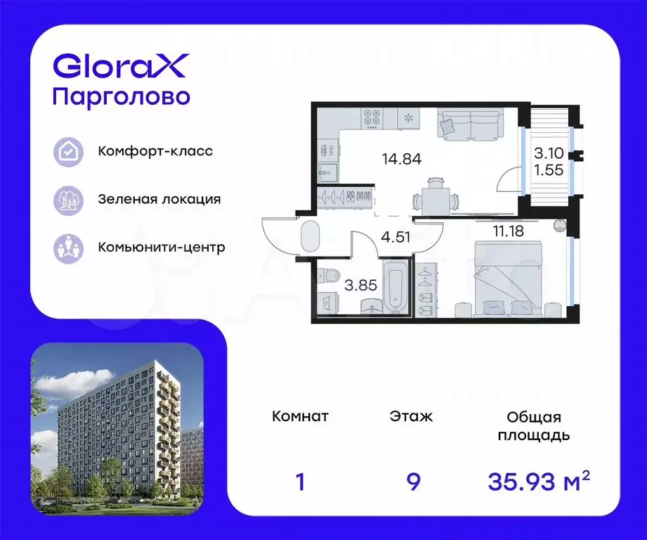 1-к. квартира, 35,9 м, 9/15 эт. - Фото 0