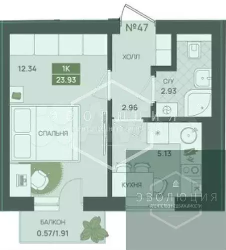 1-к. квартира, 23,9 м, 5/5 эт. - Фото 0
