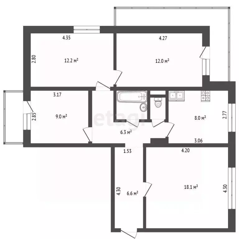 4-к кв. Кемеровская область, Прокопьевск Тырган мкр, 10-й мкр, 5 (76.3 ... - Фото 1