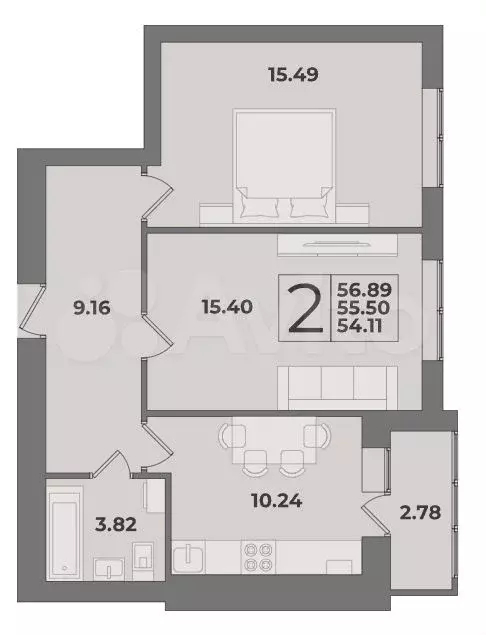 2-к. квартира, 56,9 м, 7/9 эт. - Фото 1