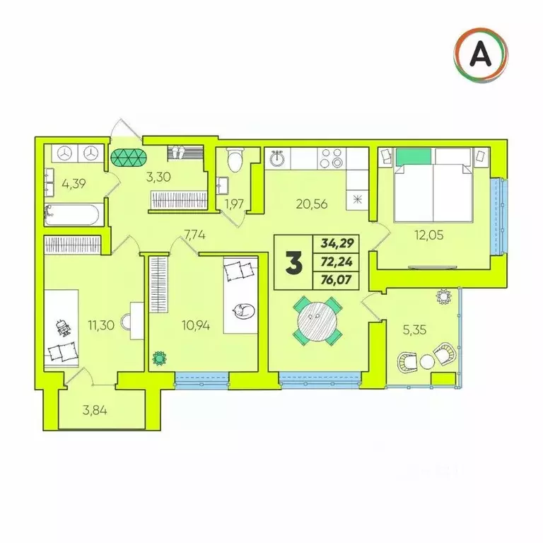 3-к кв. Калужская область, Калуга Зеленый жилой комплекс (76.07 м) - Фото 1