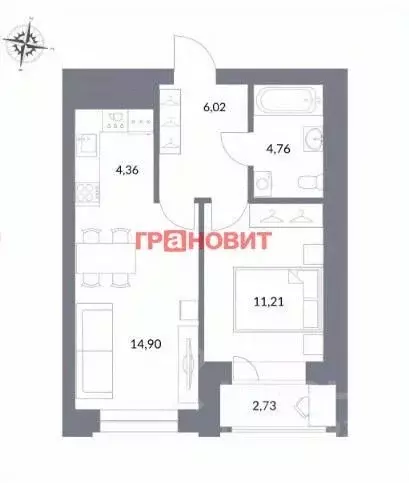 2-к кв. Новосибирская область, Новосибирск ул. Державина, 50 (41.25 м) - Фото 1