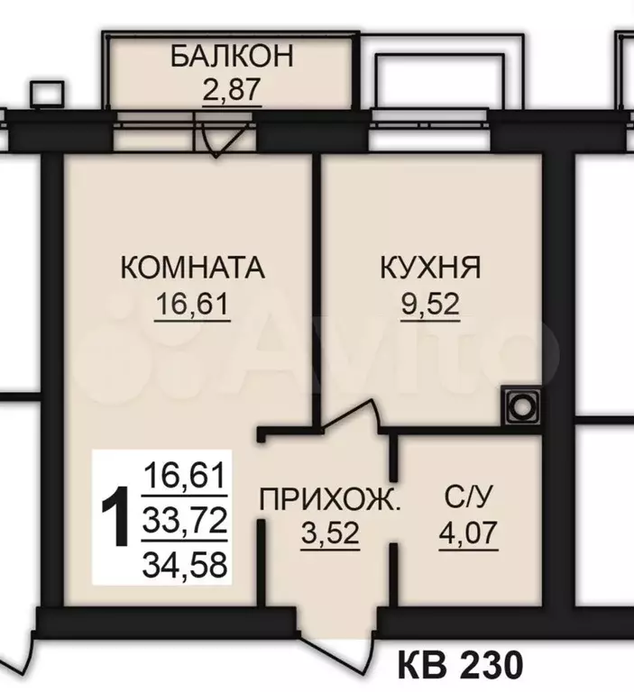 1-к. квартира, 34,6м, 1/8эт. - Фото 1