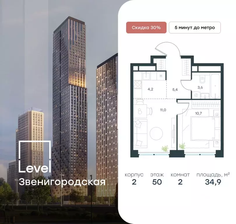 2-к кв. Москва Левел Звенигородская жилой комплекс, к1 (34.9 м) - Фото 0