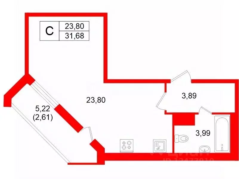 Студия Санкт-Петербург Богатырский просп., 2А (31.7 м) - Фото 1