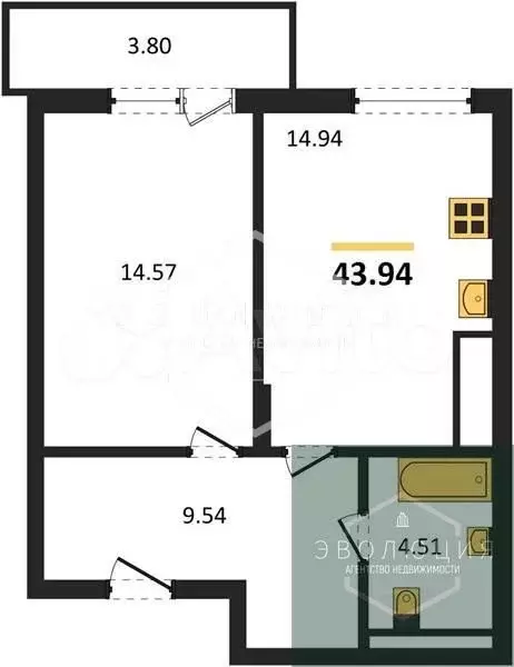 1-к. квартира, 43,9 м, 2/7 эт. - Фото 0