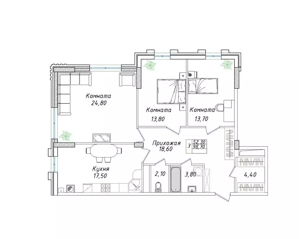 3-комнатная квартира: Ставрополь, улица Якова Андрюшина, 3 (98.7 м) - Фото 0