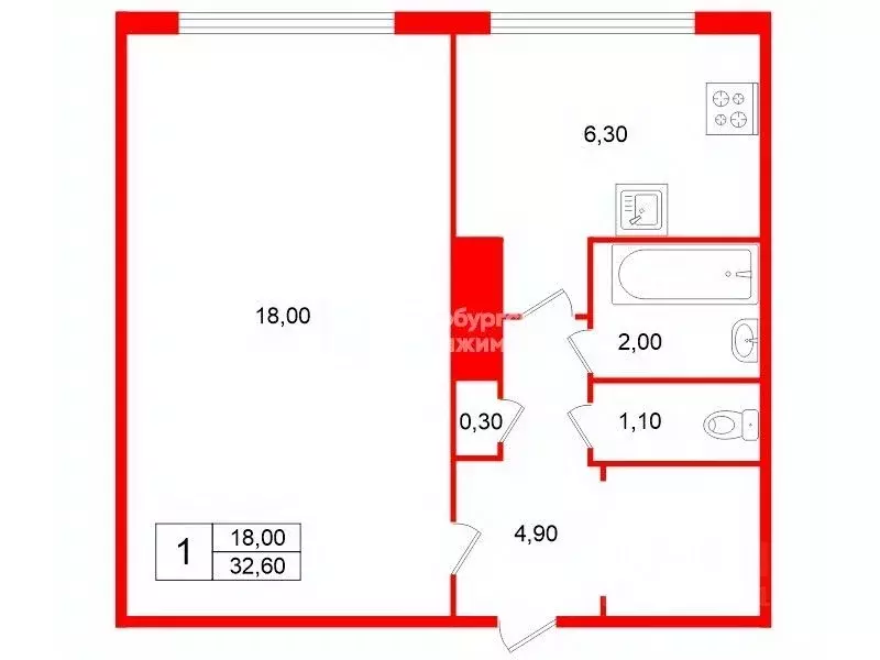 1-к кв. Санкт-Петербург ул. Есенина, 12К1 (32.6 м) - Фото 2