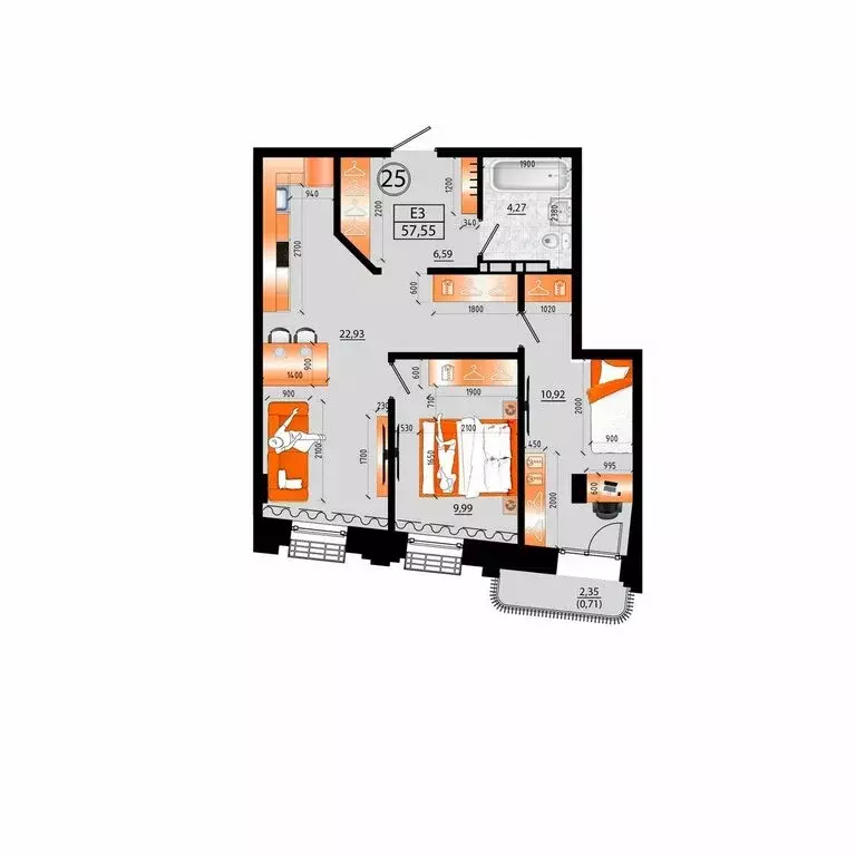 3-комнатная квартира: Владивосток, улица Капитана Шефнера, 25 (57.55 ... - Фото 2