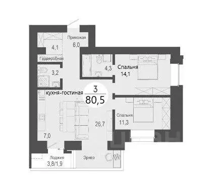 3-к кв. Красноярский край, Красноярск ул. Авиаторов, 34 (80.0 м) - Фото 1