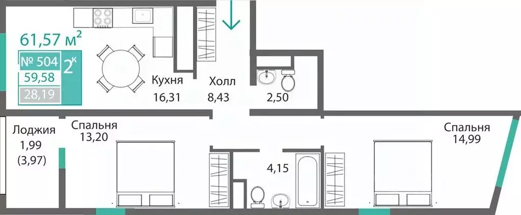 2-к кв. Крым, Симферополь Крымская роза мкр,  (61.57 м) - Фото 0