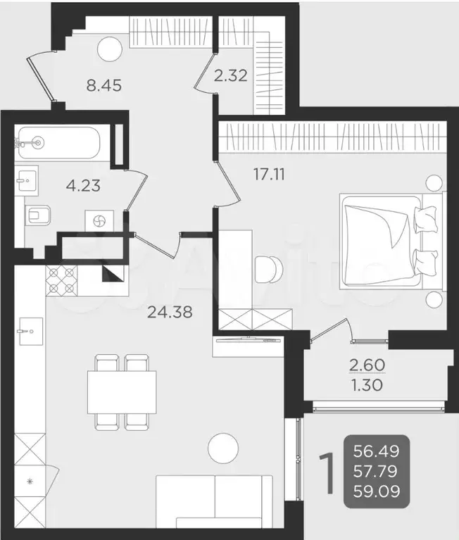 1-к. квартира, 57,8 м, 8/9 эт. - Фото 1