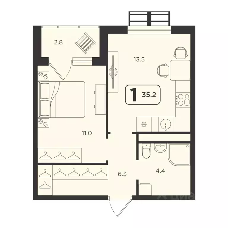 1-к кв. Тюменская область, Тюмень  (35.2 м) - Фото 0