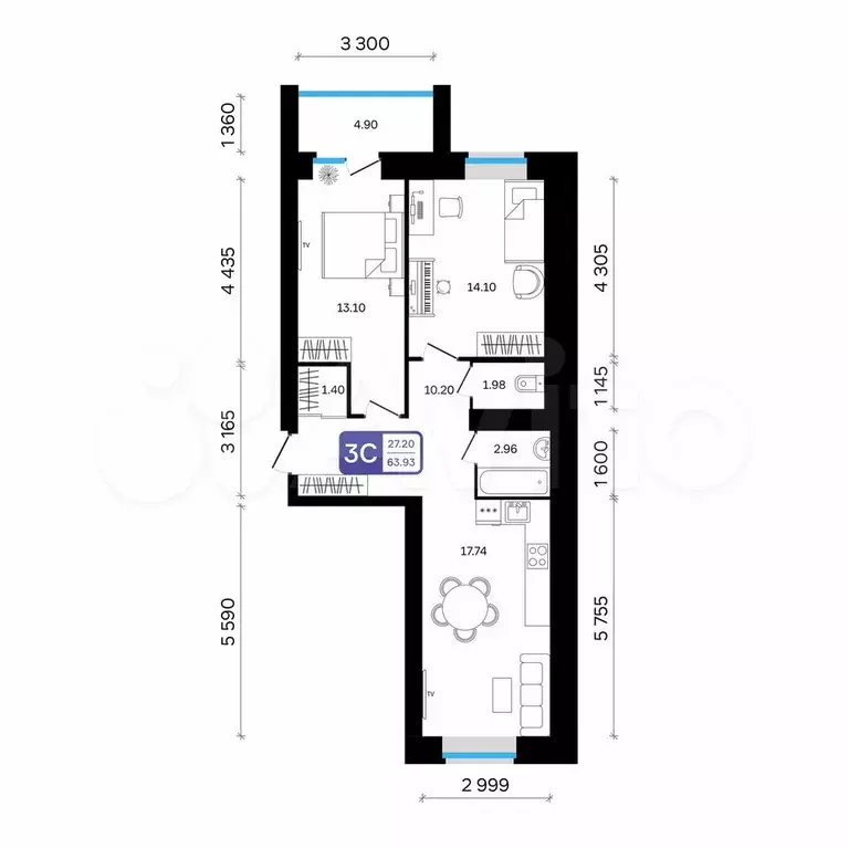 3-к. квартира, 63,9 м, 9/9 эт. - Фото 0
