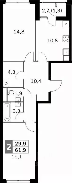 3-к кв. Москва Строительный проезд, 9к1 (62.0 м) - Фото 2