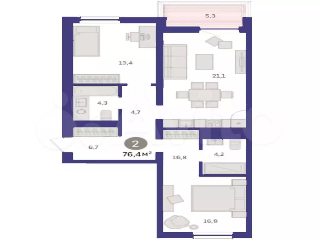 2-к. квартира, 76,4 м, 4/8 эт. - Фото 1
