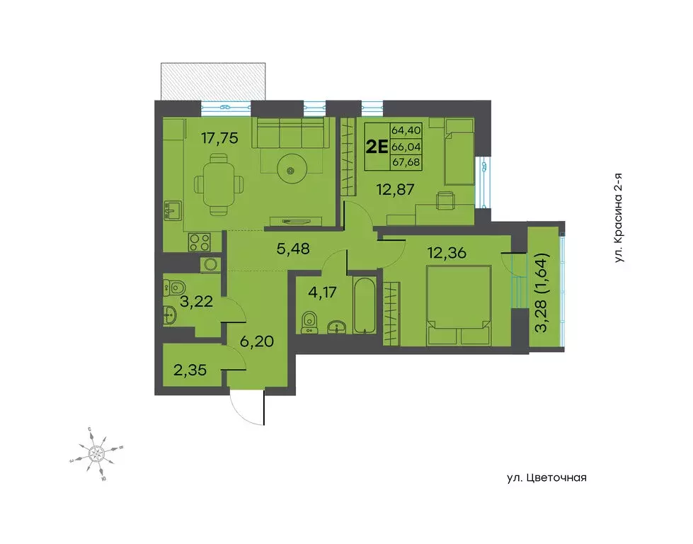 2-комнатная квартира: Тверь, 2-я улица Красина, 64 (66.1 м) - Фото 1