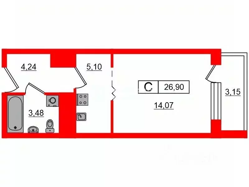 Студия Санкт-Петербург Дунайский просп., 7к7 (26.9 м) - Фото 1