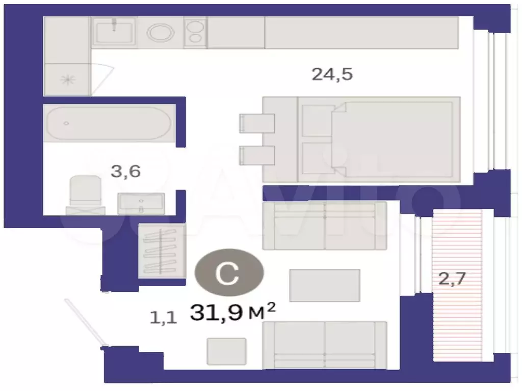 Квартира-студия, 31,9 м, 13/25 эт. - Фото 1