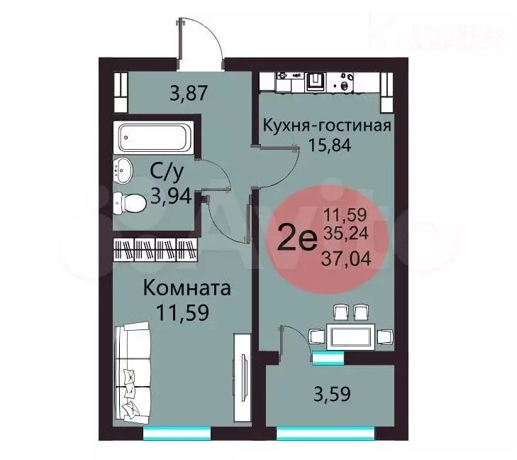 2-к. квартира, 37 м, 8/12 эт. - Фото 1