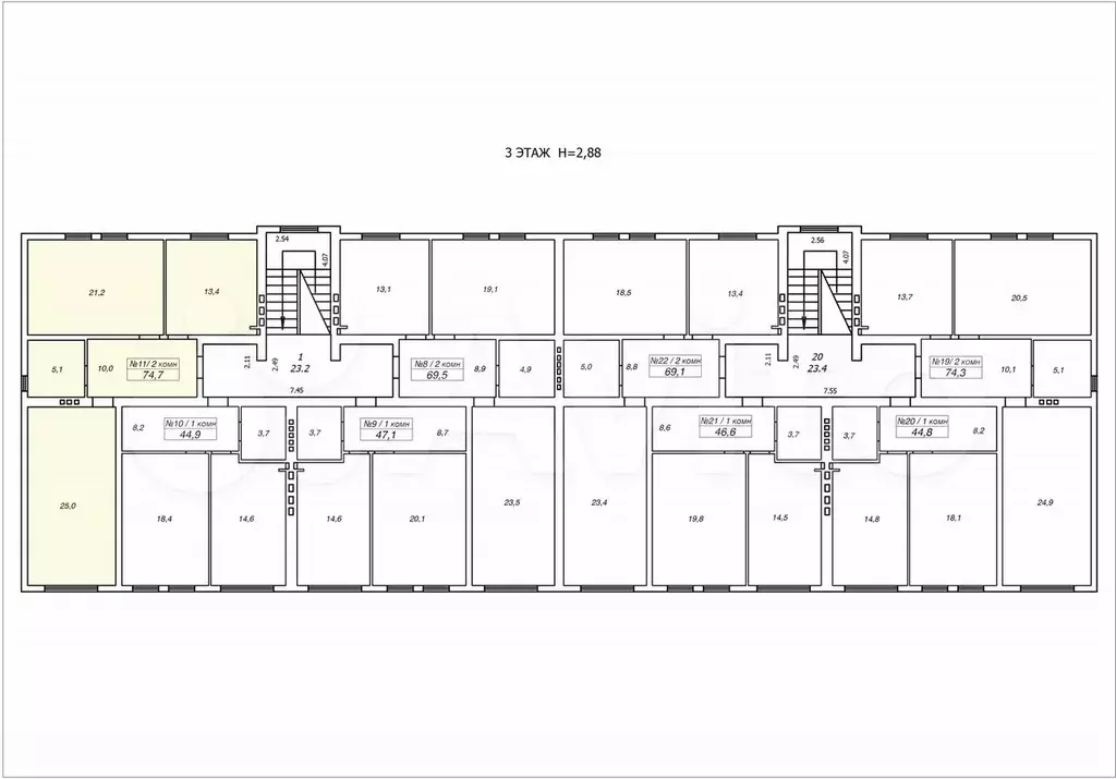 2-к. квартира, 74,7 м, 3/3 эт. - Фото 1