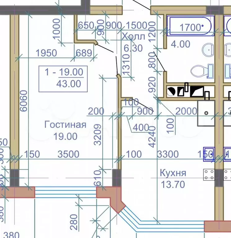 1-к. квартира, 43 м, 5/9 эт. - Фото 0