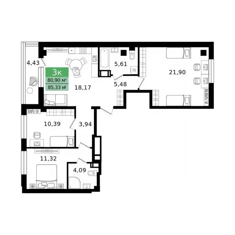 3-к кв. Курганская область, Курган просп. Конституции (85.33 м) - Фото 2