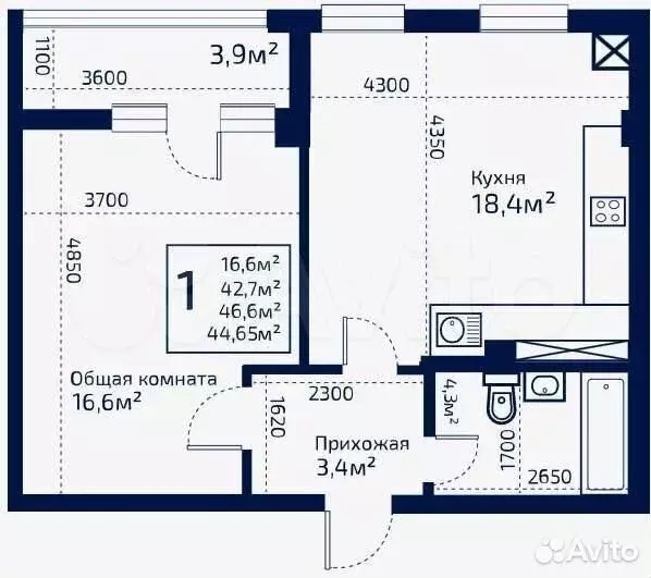 1-к. квартира, 44,4 м, 5/9 эт. - Фото 0