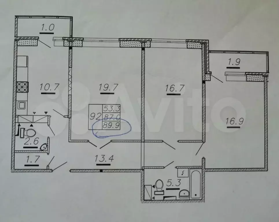 3-к. квартира, 90 м, 9/9 эт. - Фото 0