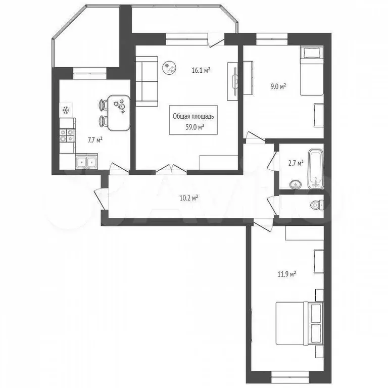 3-к. квартира, 59 м, 1/9 эт. - Фото 0