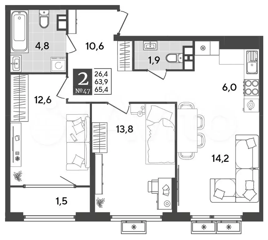 2-к. квартира, 65,4 м, 9/9 эт. - Фото 0