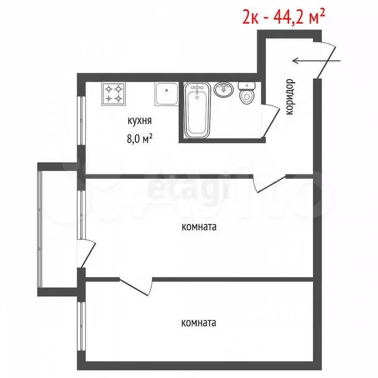 2-к. квартира, 44,2 м, 5/5 эт. - Фото 1