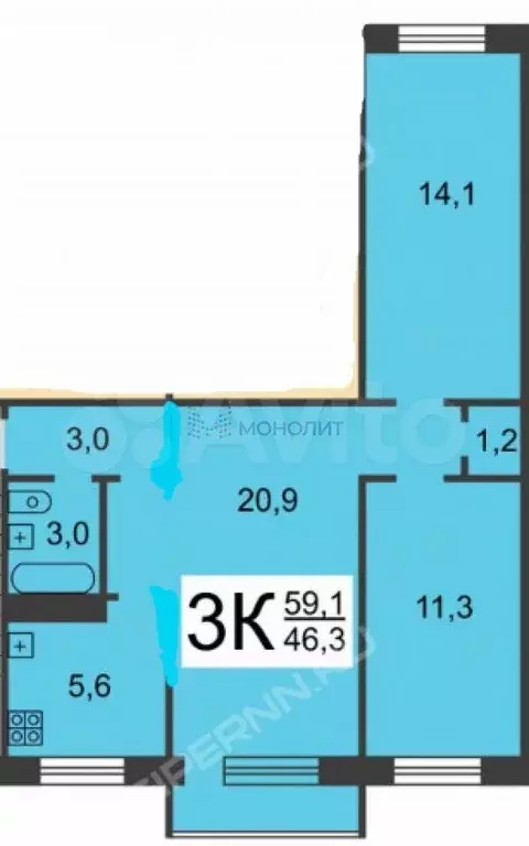 3-к. квартира, 58 м, 5/5 эт. - Фото 0