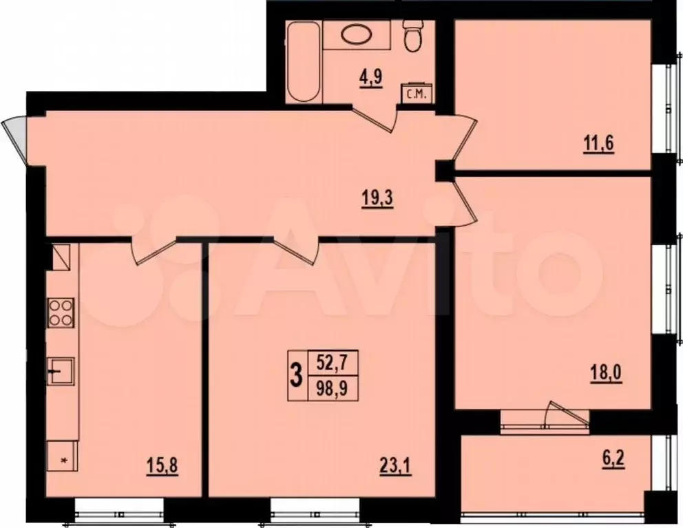 3-к. квартира, 99,1 м, 3/4 эт. - Фото 0