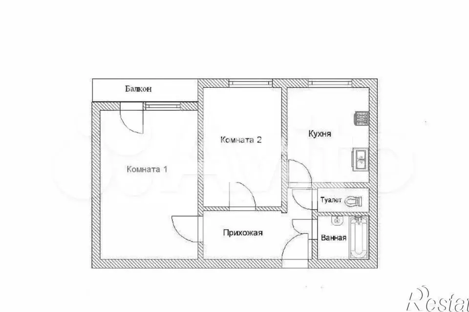 2-к. квартира, 44,1 м, 1/5 эт. - Фото 0