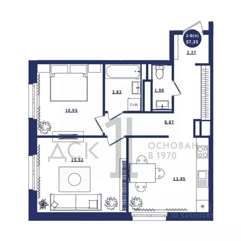 2-к кв. Ханты-Мансийский АО, Сургут Высоковольтная ул., 6/2 (57.35 м) - Фото 1