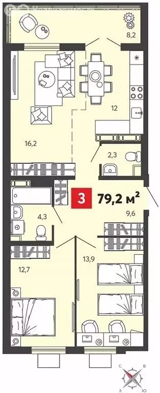 3-комнатная квартира: село Засечное, Светлая улица, с77 (79.2 м) - Фото 0