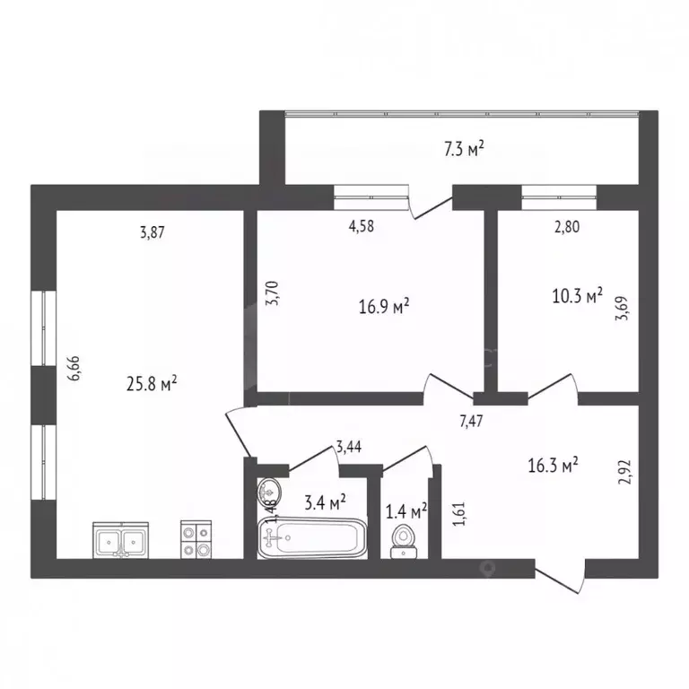 2-к кв. Тюменская область, Тюмень Широтная ул., 152к1 (74.1 м) - Фото 1