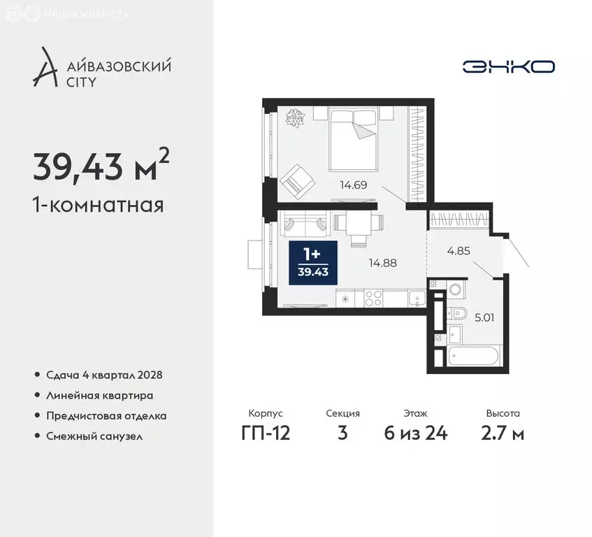 1-комнатная квартира: Тюмень, ЖК Айвазовский Сити (39.43 м) - Фото 1