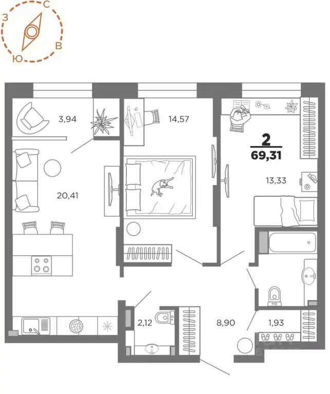 2-к кв. Рязанская область, Рязань проезд 5-й Новый (69.31 м) - Фото 1