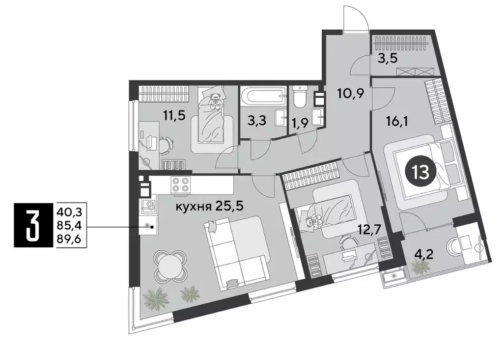 3-комнатная квартира: Краснодар, микрорайон Парк Победы (89.6 м) - Фото 1