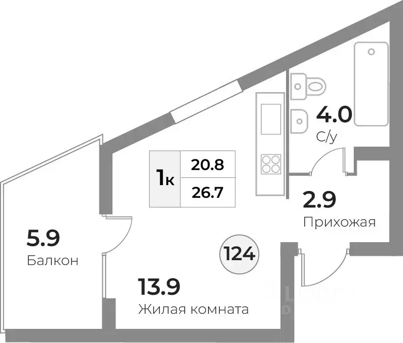 1-к кв. Калининградская область, Зеленоградск  (26.7 м) - Фото 0