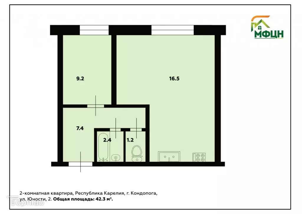 2-к кв. Карелия, Кондопога бул. Юности, 2 (42.3 м) - Фото 1