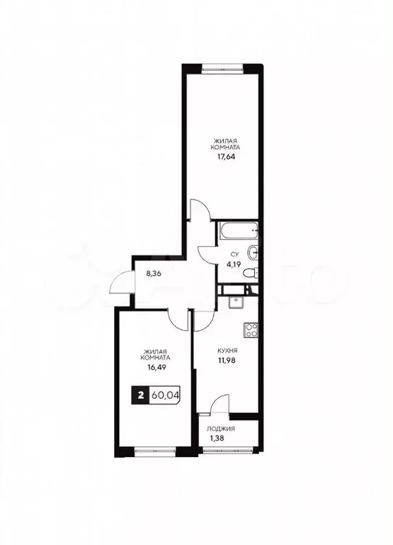 2-к. квартира, 60 м, 4/20 эт. - Фото 1