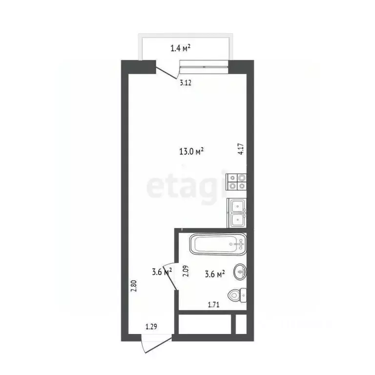 Студия Тюменская область, Тюмень ул. Андрея Приказнова, 7 (20.2 м) - Фото 2