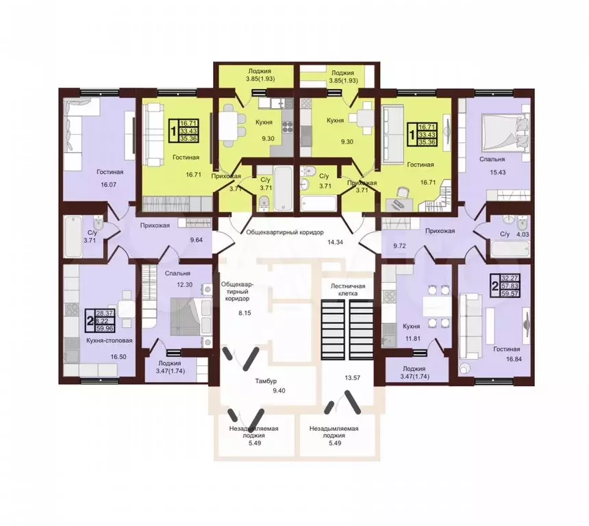 2-к. квартира, 60 м, 5/16 эт. - Фото 1