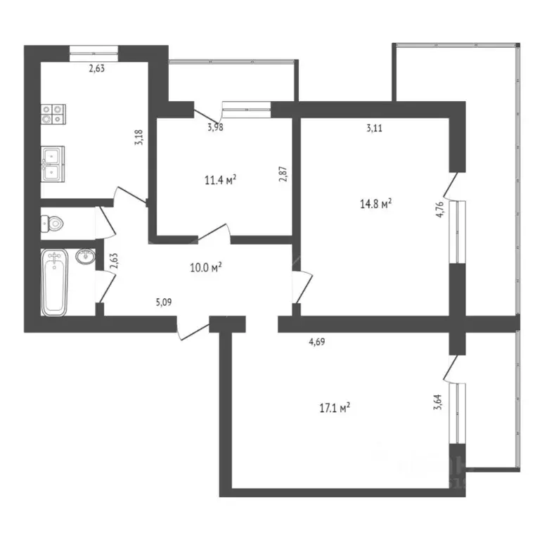 3-к кв. Тюменская область, Тюмень ул. Энергетиков, 62а (65.5 м) - Фото 1